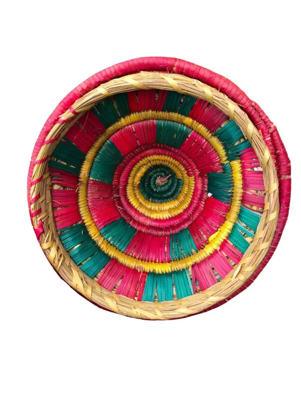 Ethiopian Handwoven Multi-Color Coiled Basket Lid Leather Straps Traditional Des